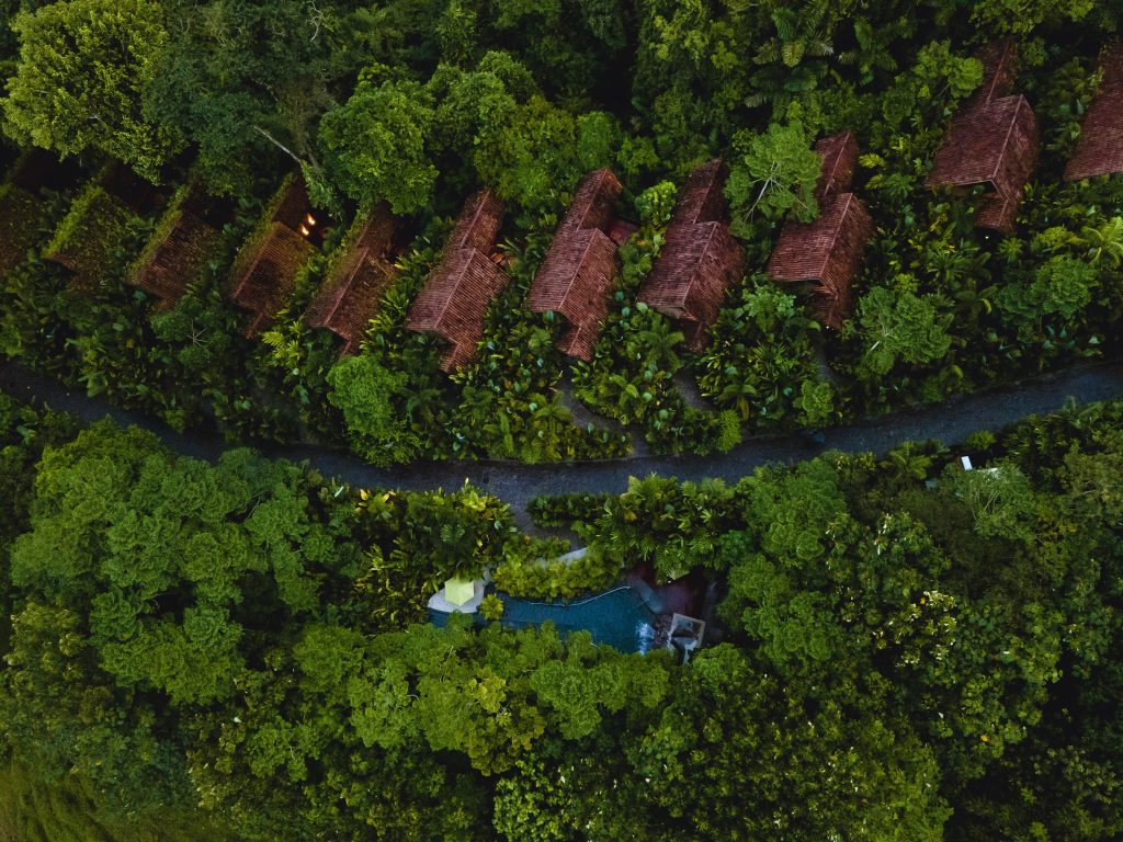 An overhead shot of several luxury wooden casitas with reddish-brown roofs nestled deep within a dense, lush green tropical rainforest.