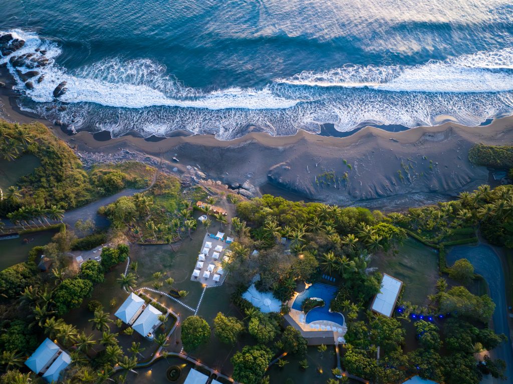 aerial view beach and hotel
