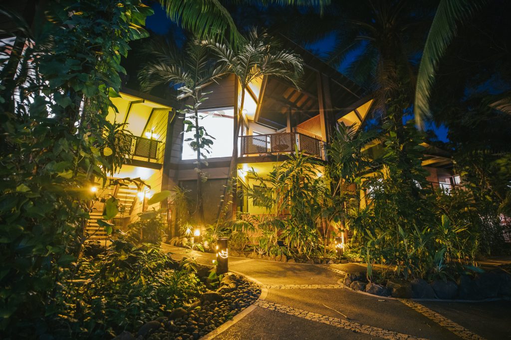 hotel entrance amist trees