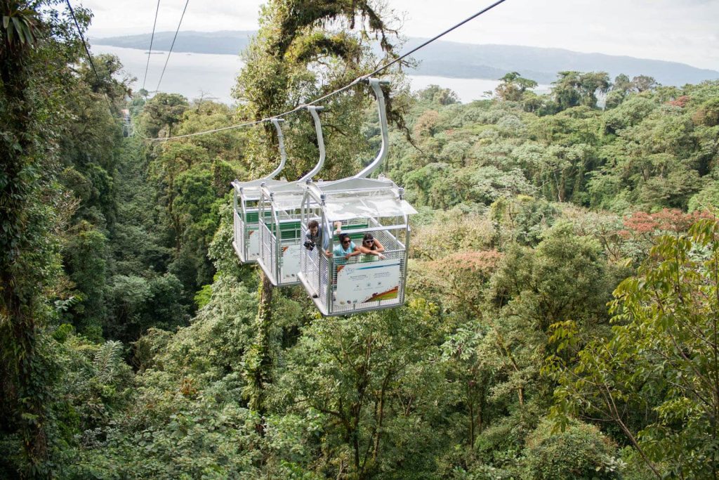 Travelers enjoying a sky tram ride over the lush rainforest canopy, an exciting activity included in Horizontes Nature Experiences adventure packages.